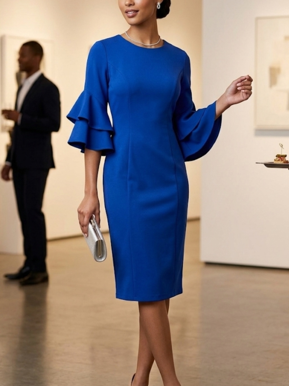 Donna Morgan Cobalt Blue Sheath Dress with Tiered Bell Sleeves